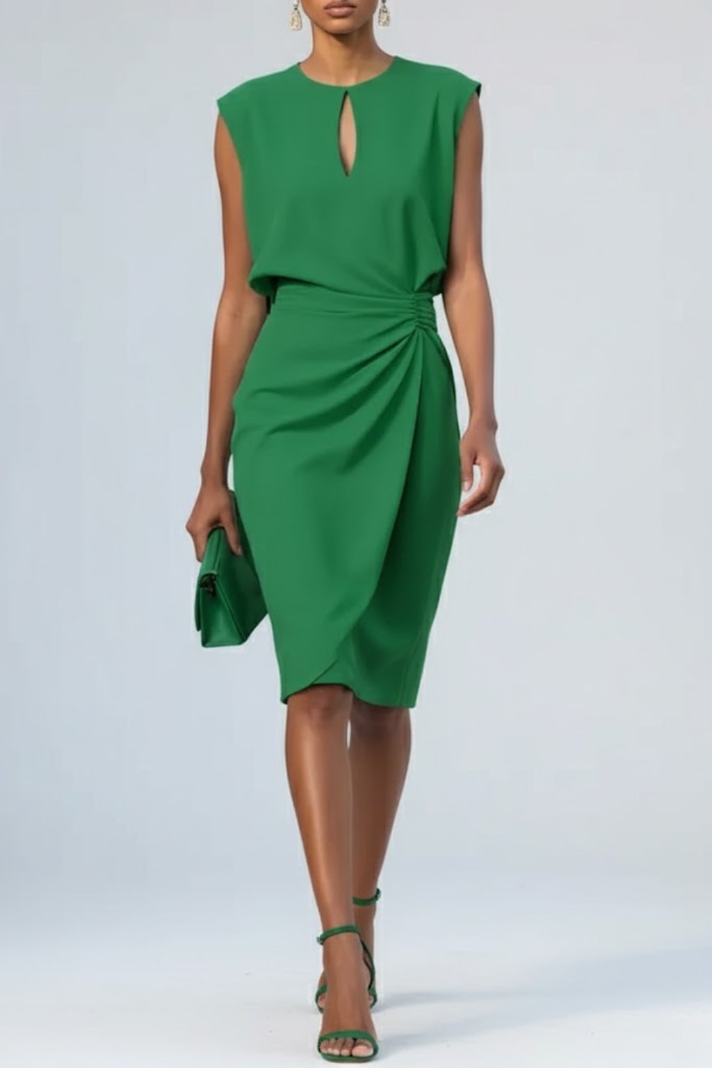Damen Midi-Kleid Schlüsselloch-Ausschnitt Raffung Ärmellos - Groen
