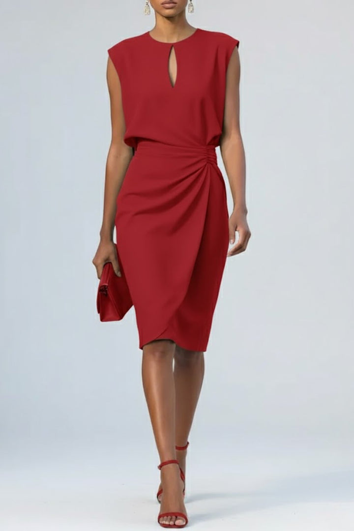 Damen Midi-Kleid Schlüsselloch-Ausschnitt Raffung Ärmellos - Rood
