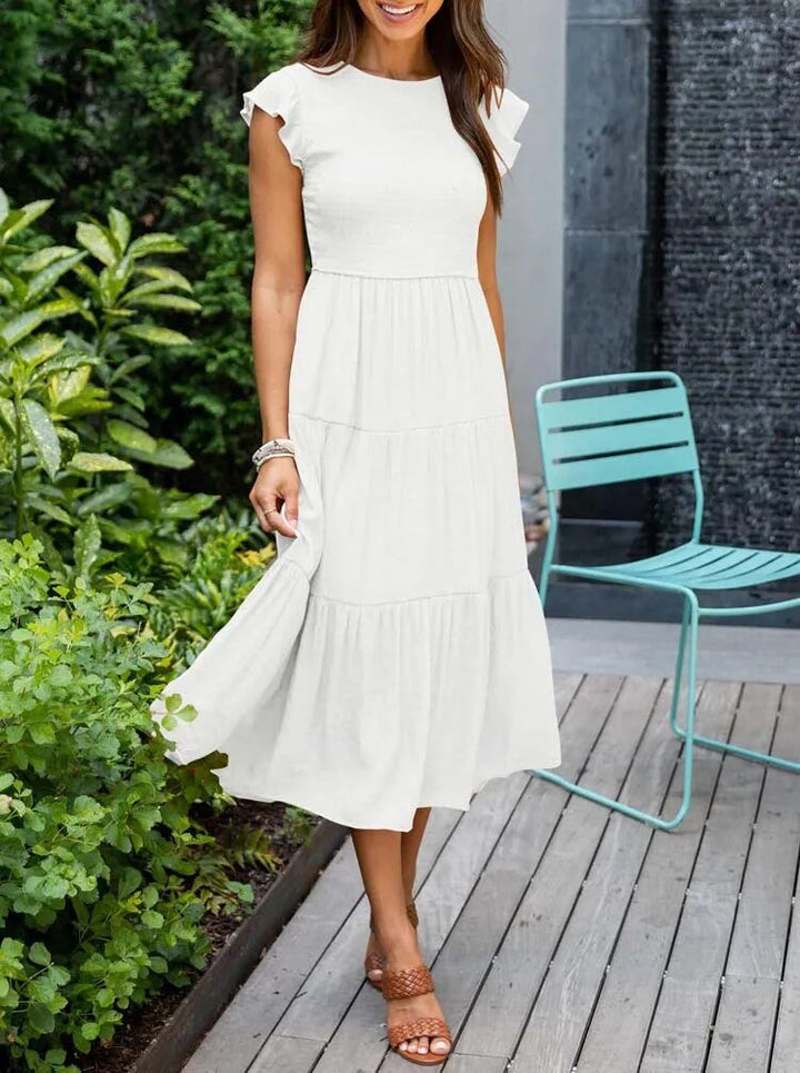 Damen Midi-Kleid Stufenrock Bauchkontrolle - White