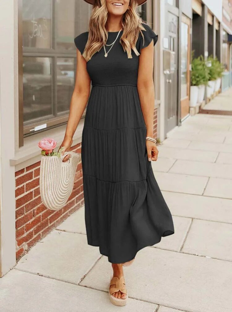 Damen Midi-Kleid Stufenrock Bauchkontrolle