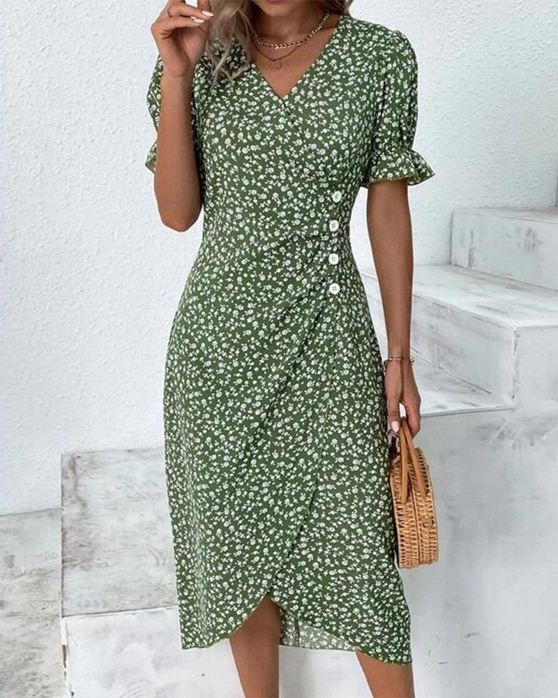 Damen Midi Kleid V-Ausschnitt Blumenmuster Wickelstil - Green