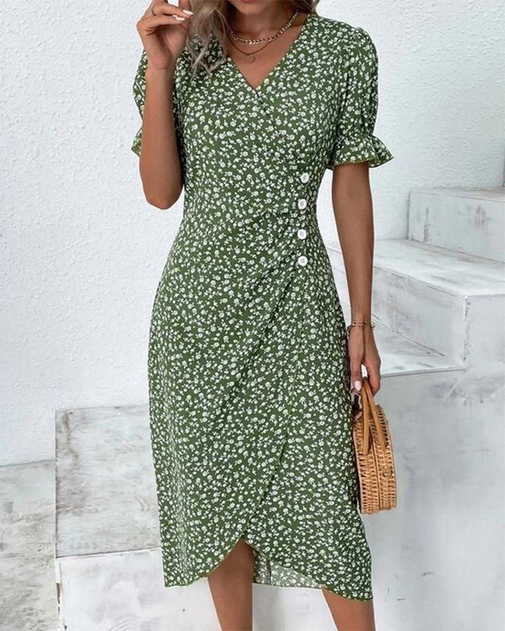 Damen Midi Kleid V-Ausschnitt Blumenmuster Wickelstil - Green