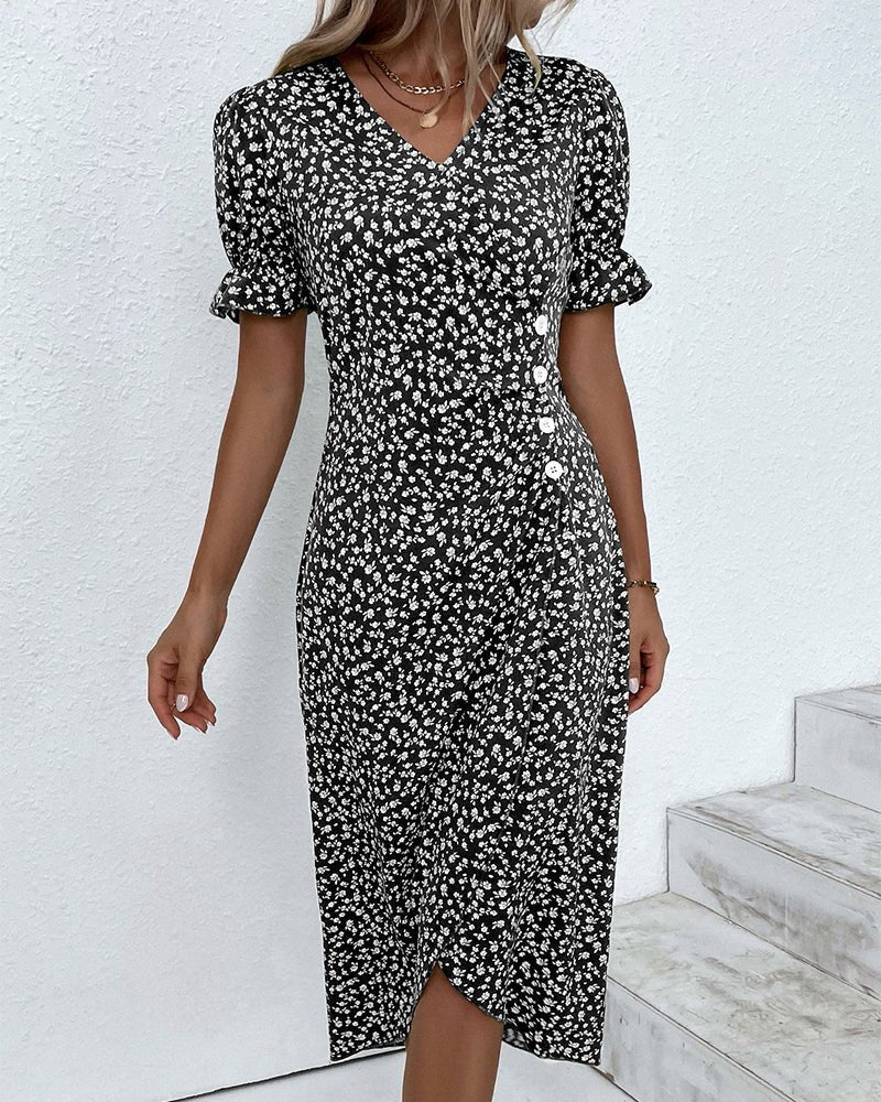 Damen Midi Kleid V-Ausschnitt Blumenmuster Wickelstil