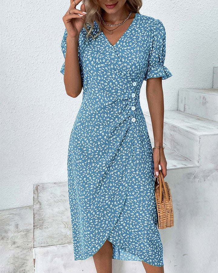 Damen Midi Kleid V-Ausschnitt Blumenmuster Wickelstil - Blue