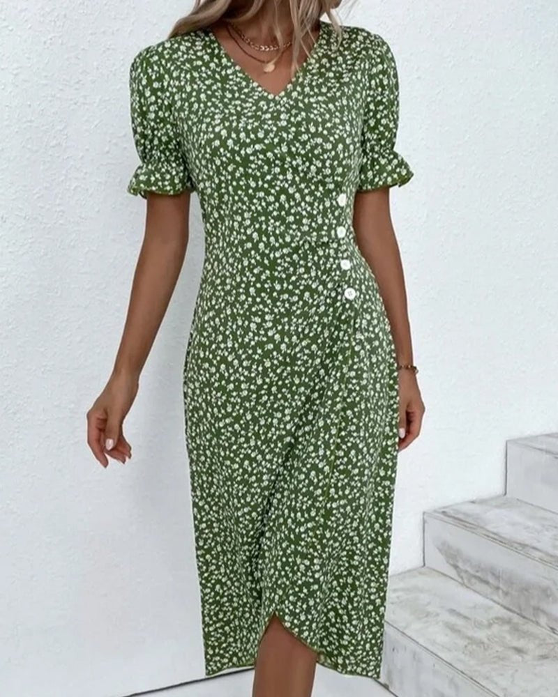 Damen Midi Kleid V-Ausschnitt Blumenmuster Wickelstil