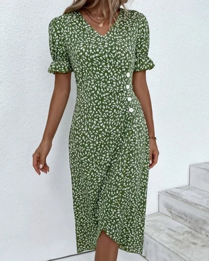 Damen Midi Kleid V-Ausschnitt Blumenmuster Wickelstil