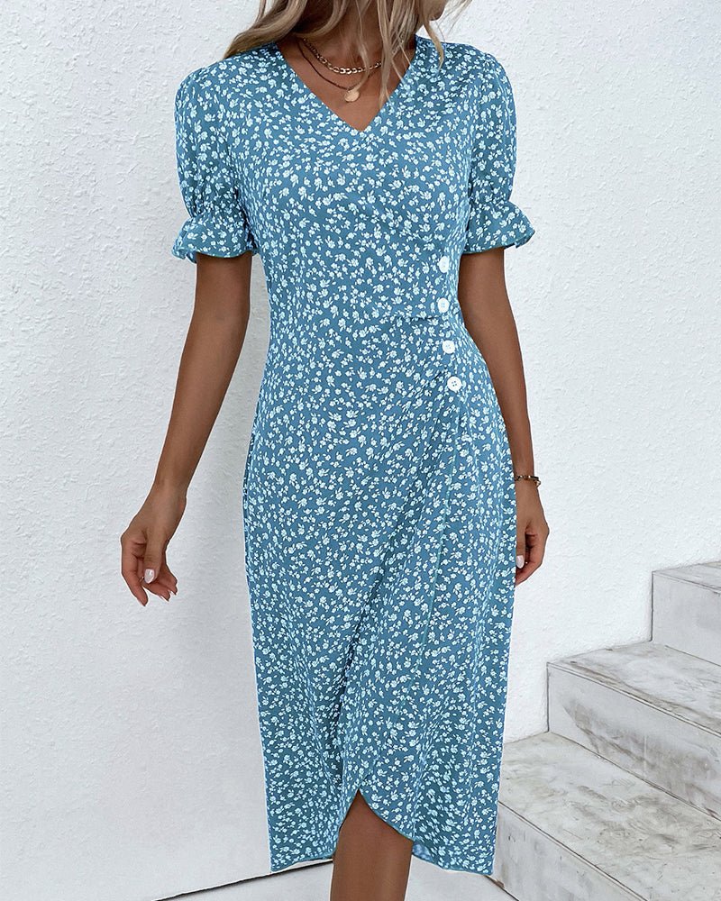 Damen Midi Kleid V-Ausschnitt Blumenmuster Wickelstil