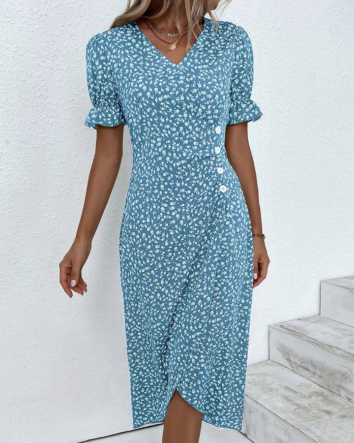 Damen Midi Kleid V-Ausschnitt Blumenmuster Wickelstil
