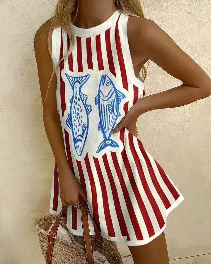 Damen Mini Wickelkleid Ärmellos Gestreift Sommer