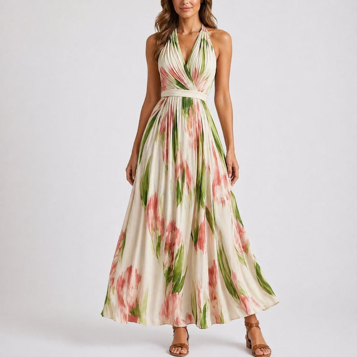 Damen Neckholder Blumen-Maxi-Kleid für Hochzeitsgäste im Herbst - Blumenmuster