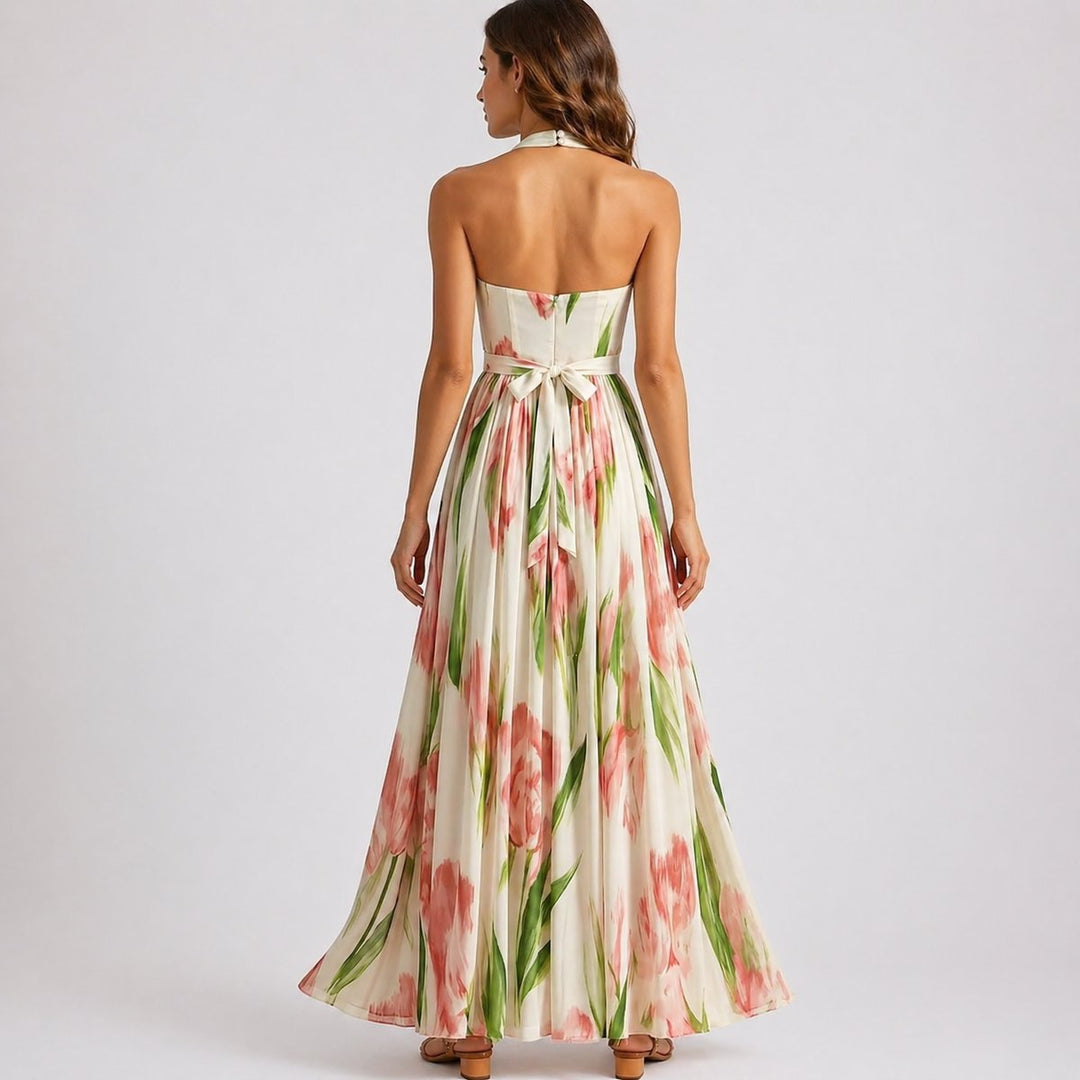 Damen Neckholder Blumen-Maxi-Kleid für Hochzeitsgäste im Herbst