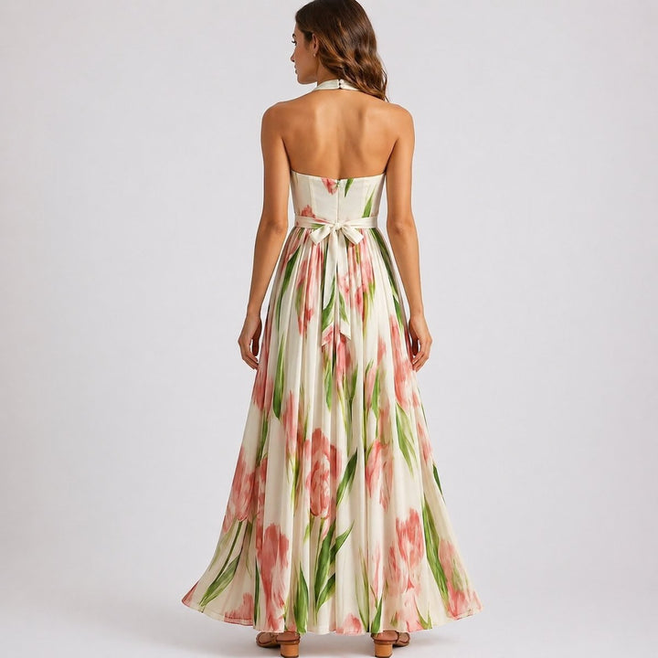 Damen Neckholder Blumen-Maxi-Kleid für Hochzeitsgäste im Herbst