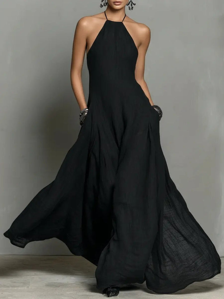 Damen Neckholder Leinen Maxi Kleid Ärmellos - Black