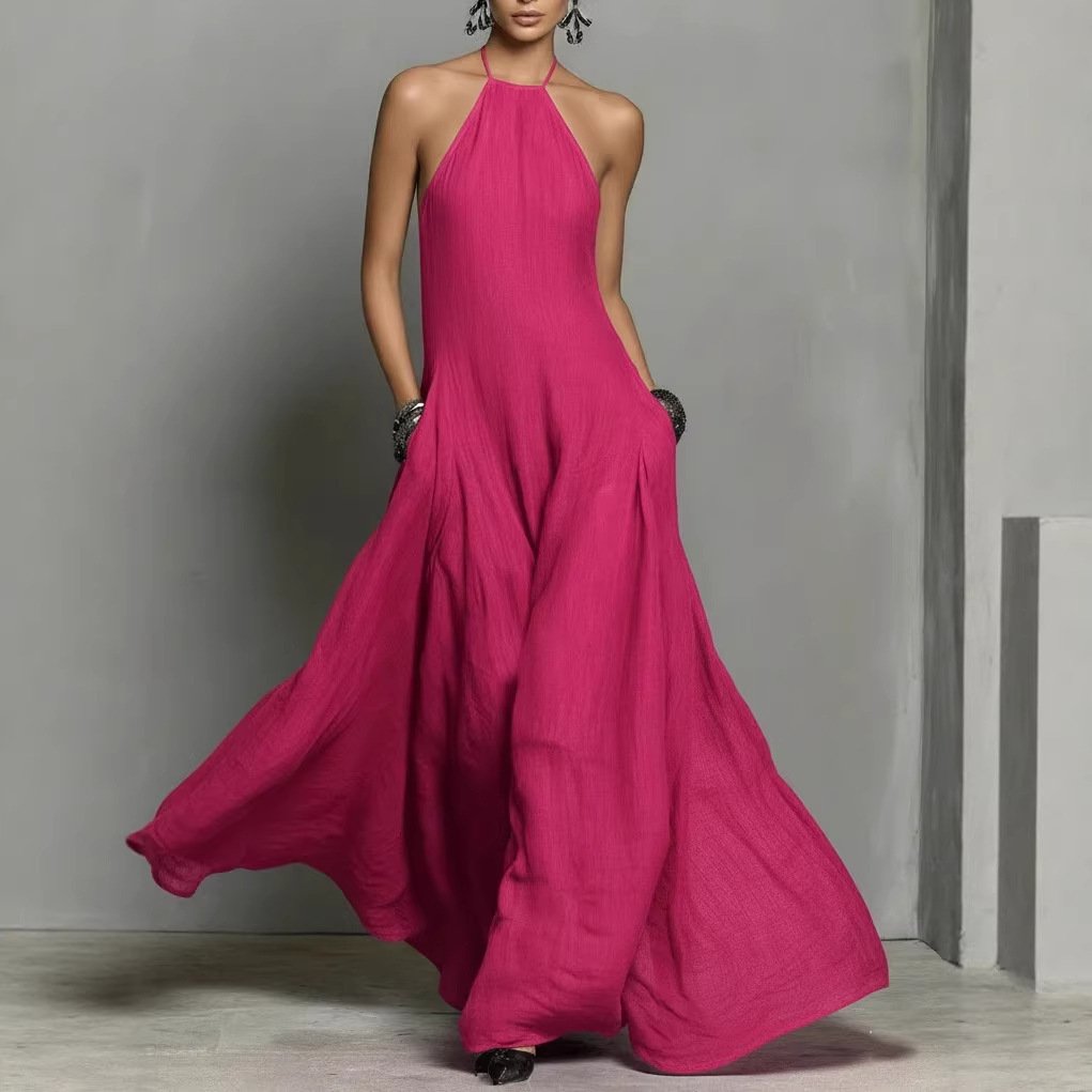 Damen Neckholder Leinen Maxi Kleid Ärmellos - Hot Pink