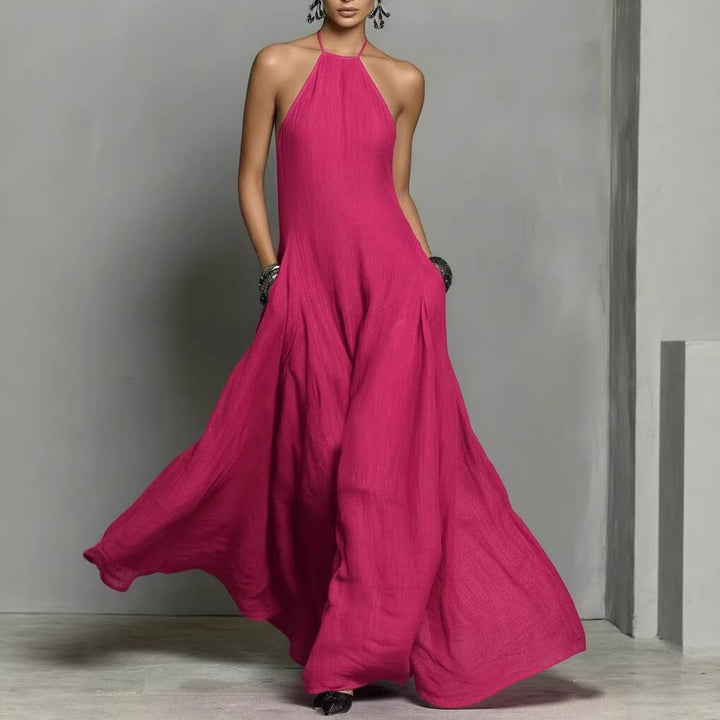 Damen Neckholder Leinen Maxi Kleid Ärmellos - Hot Pink