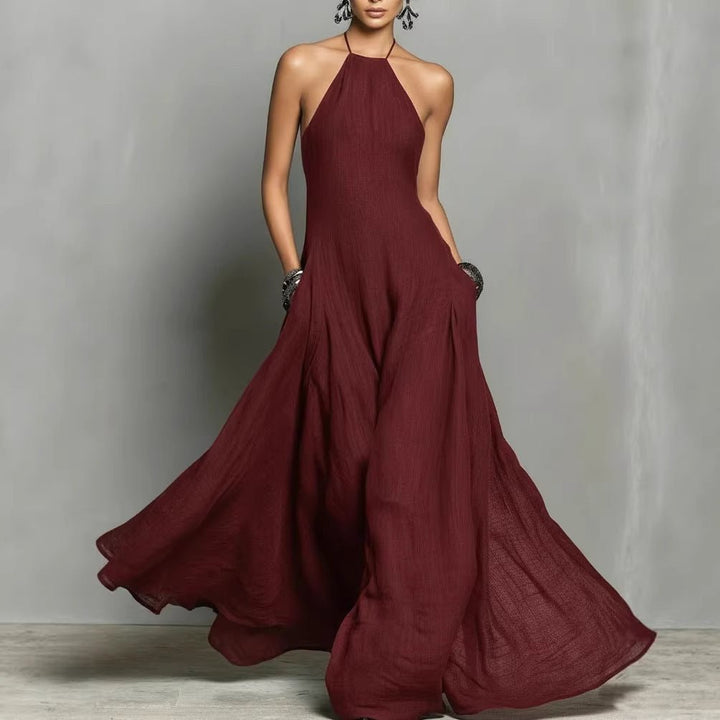 Damen Neckholder Leinen Maxi Kleid Ärmellos - Burgundy