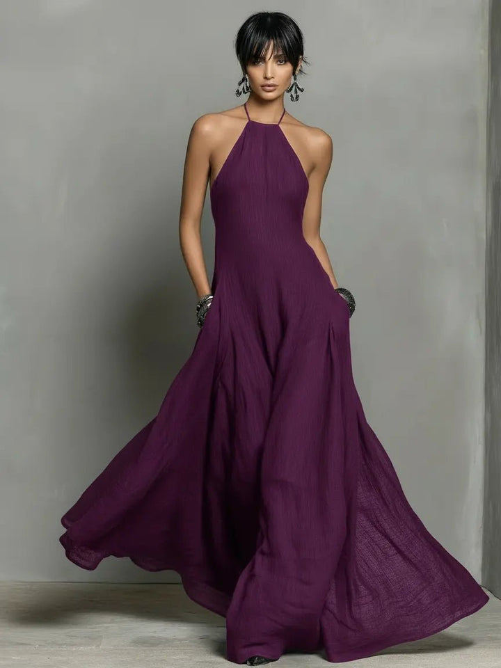 Damen Neckholder Leinen Maxi Kleid Ärmellos - Purple