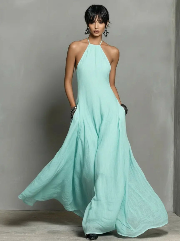 Damen Neckholder Leinen Maxi Kleid Ärmellos - Mint Green