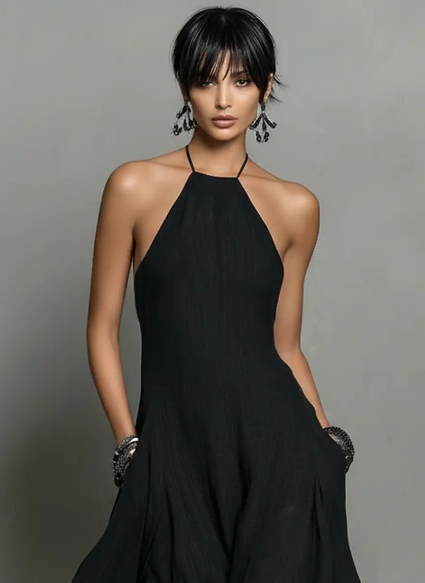 Damen Neckholder Leinen Maxi Kleid Ärmellos