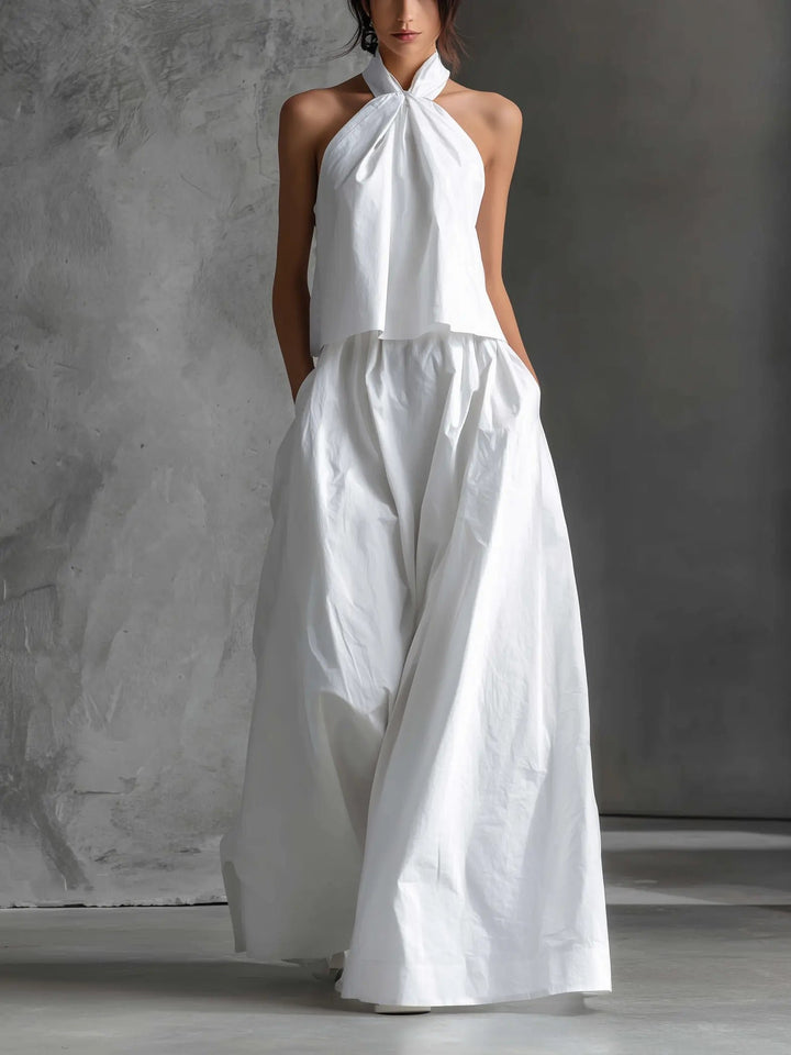 Damen Neckholder Linen Top Rock Set Ärmellos - White