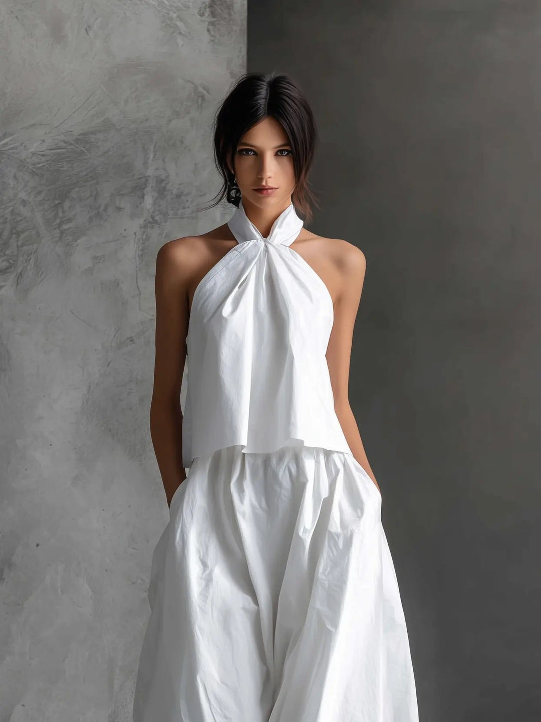 Damen Neckholder Linen Top Rock Set Ärmellos