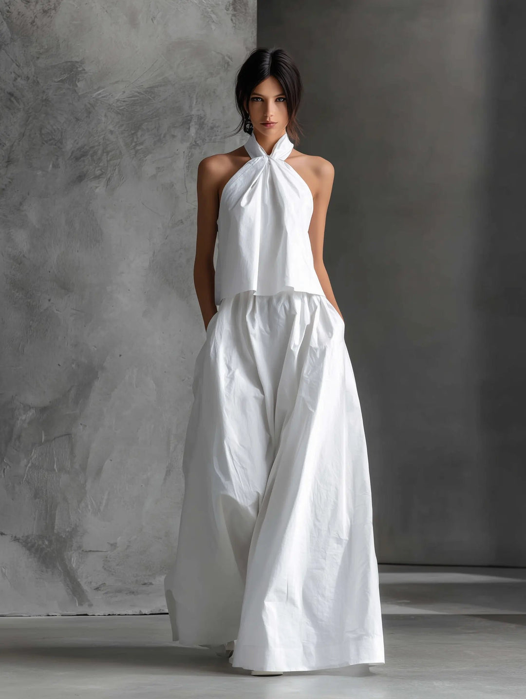 Damen Neckholder Linen Top Rock Set Ärmellos