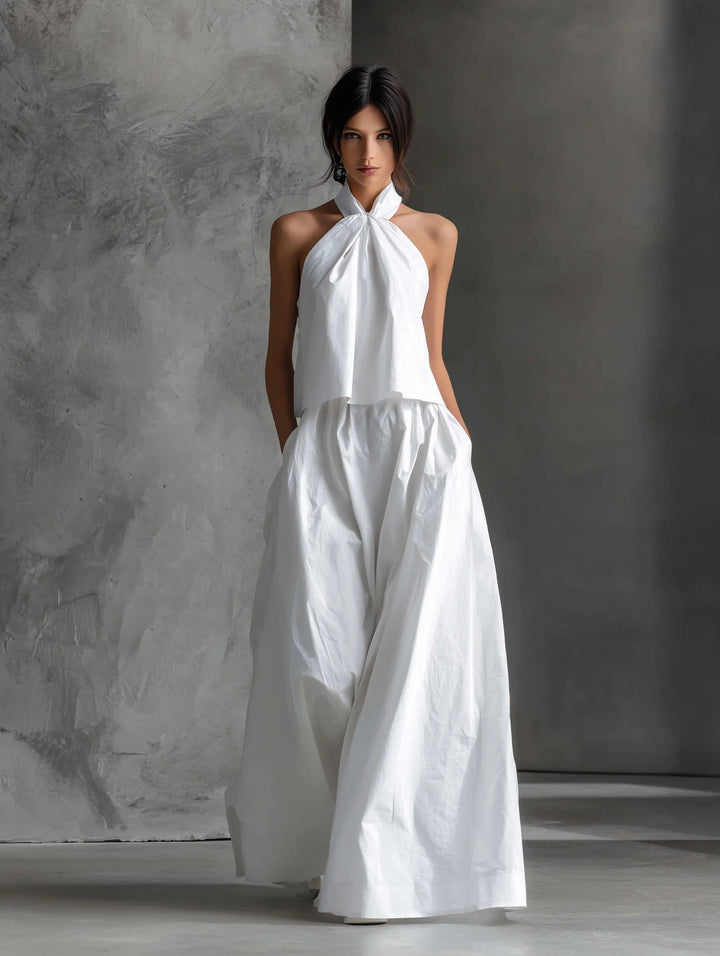 Damen Neckholder Linen Top Rock Set Ärmellos