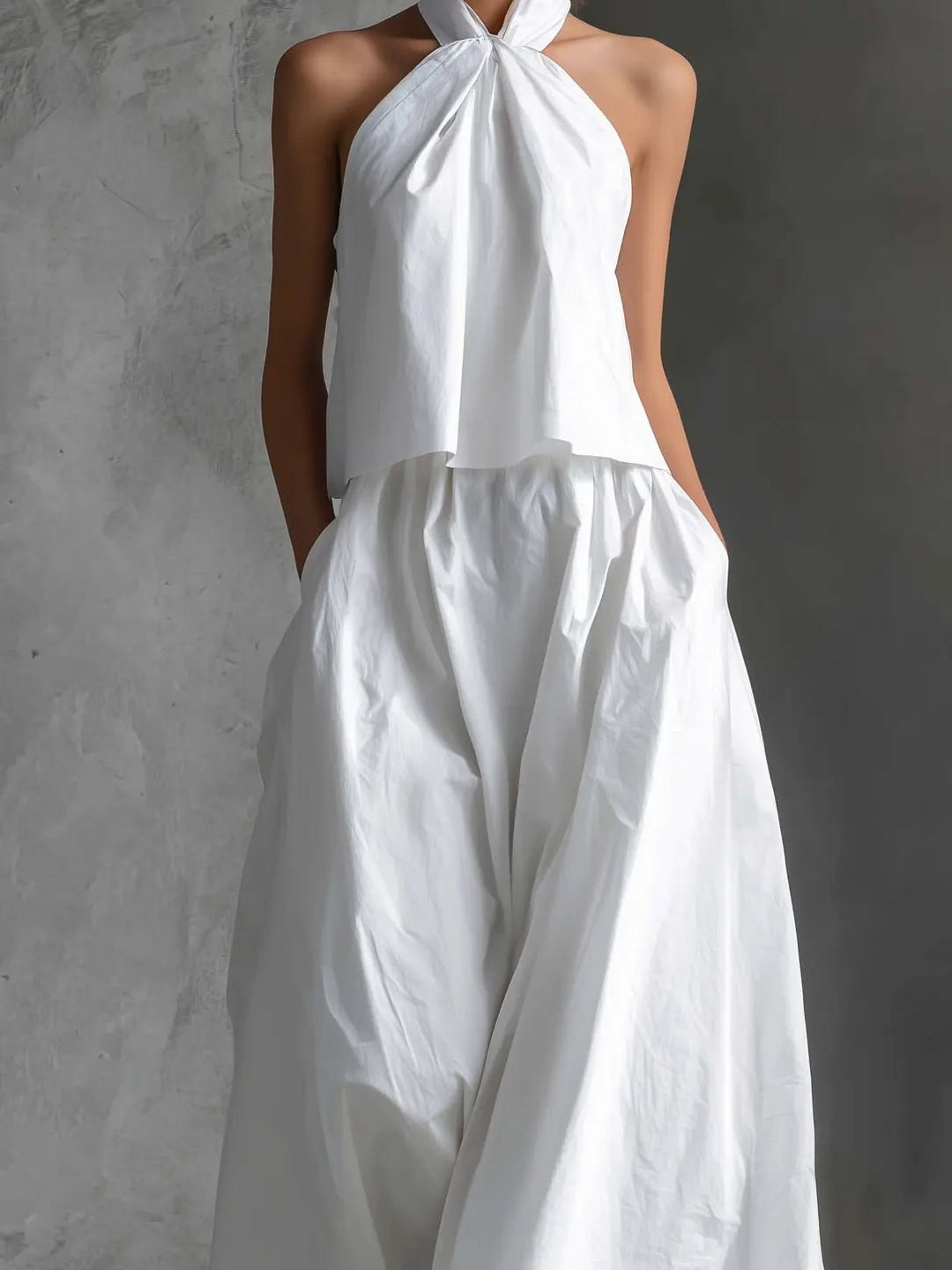 Damen Neckholder Linen Top Rock Set Ärmellos