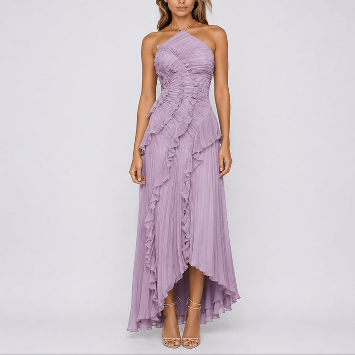 Damen Neckholder Maxikleid Plissee Rüschen Hochzeitsgast Kleid - Lila