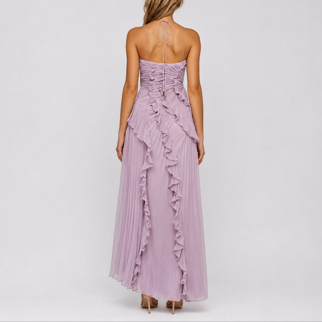 Damen Neckholder Maxikleid Plissee Rüschen Hochzeitsgast Kleid