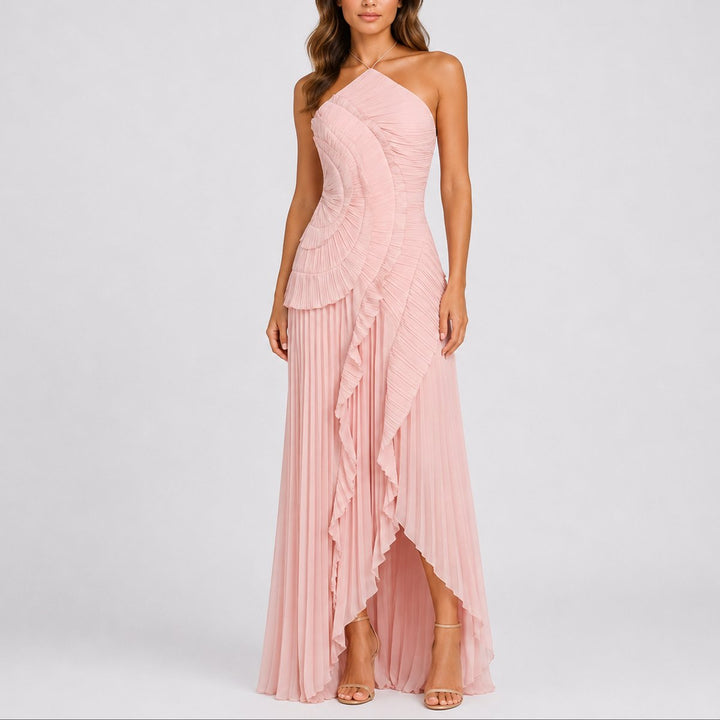 Damen Neckholder Maxikleid Plissee Rüschen Hochzeitsgast Kleid - Rosa