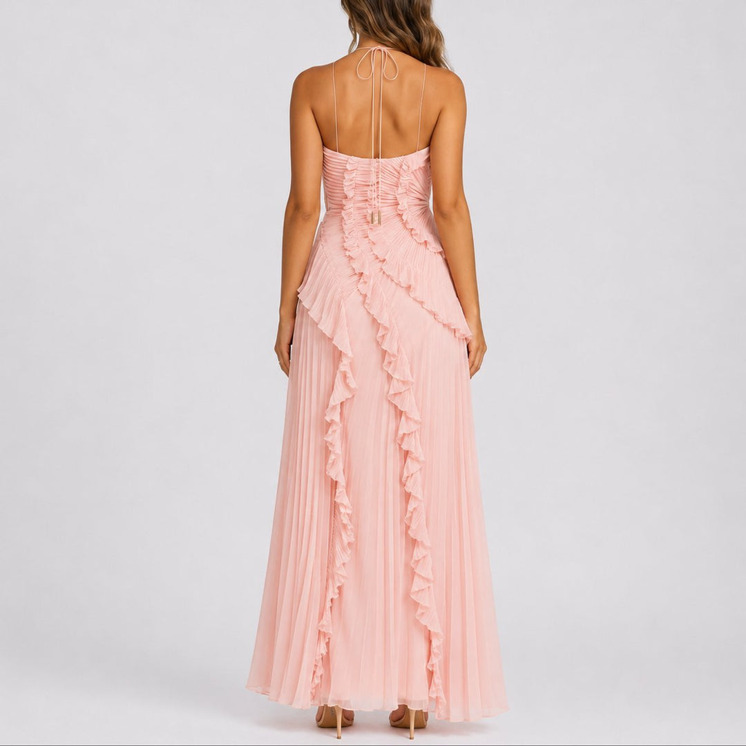 Damen Neckholder Maxikleid Plissee Rüschen Hochzeitsgast Kleid