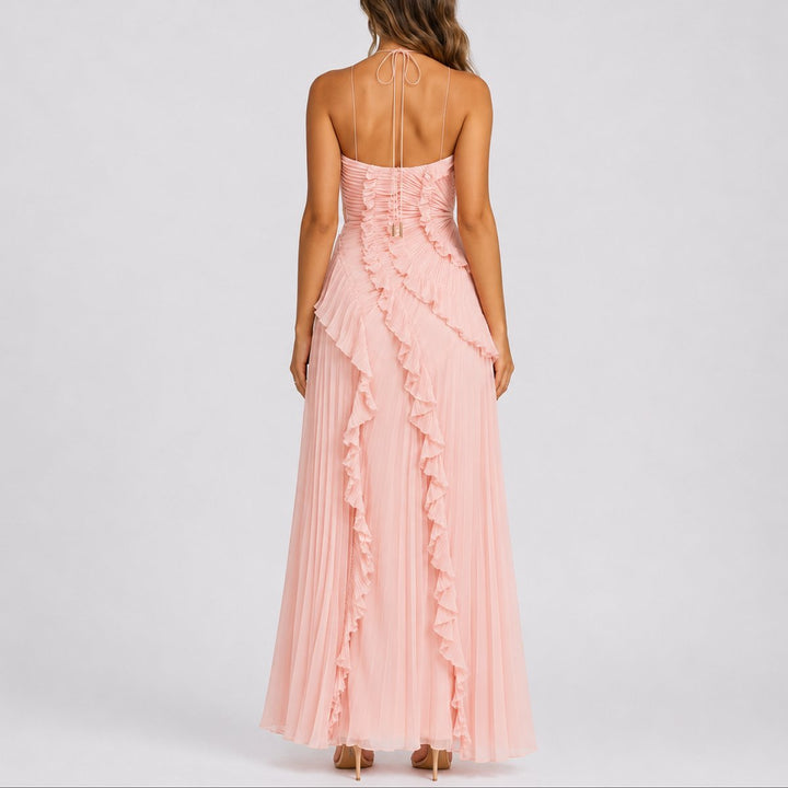 Damen Neckholder Maxikleid Plissee Rüschen Hochzeitsgast Kleid