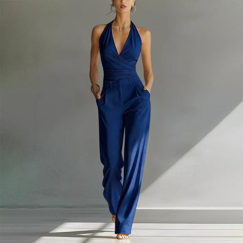 Damen Neckholder Wide-Leg Chiffon Jumpsuit - Blue