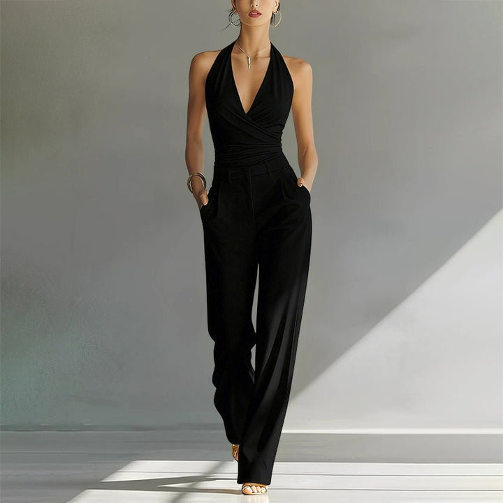 Damen Neckholder Wide-Leg Chiffon Jumpsuit - Black
