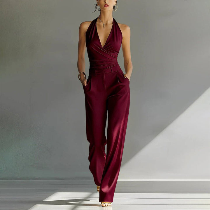 Damen Neckholder Wide-Leg Chiffon Jumpsuit - Red