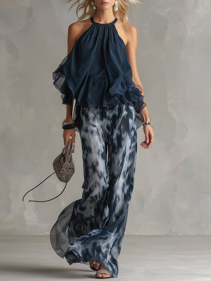 Damen Neckholder Zweiteiler Set Wide Leg - Navy Blue