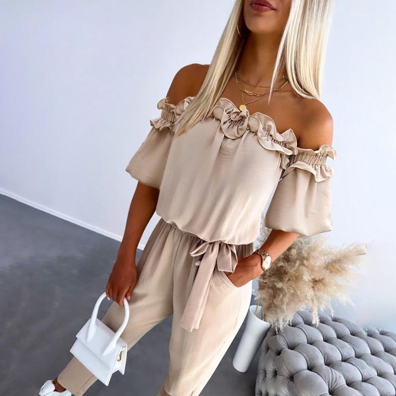 Damen Off-Shoulder Rüschen Bindegürtel Jumpsuit - Apricot