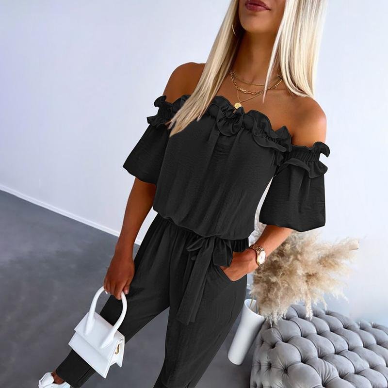 Damen Off-Shoulder Rüschen Bindegürtel Jumpsuit - Black