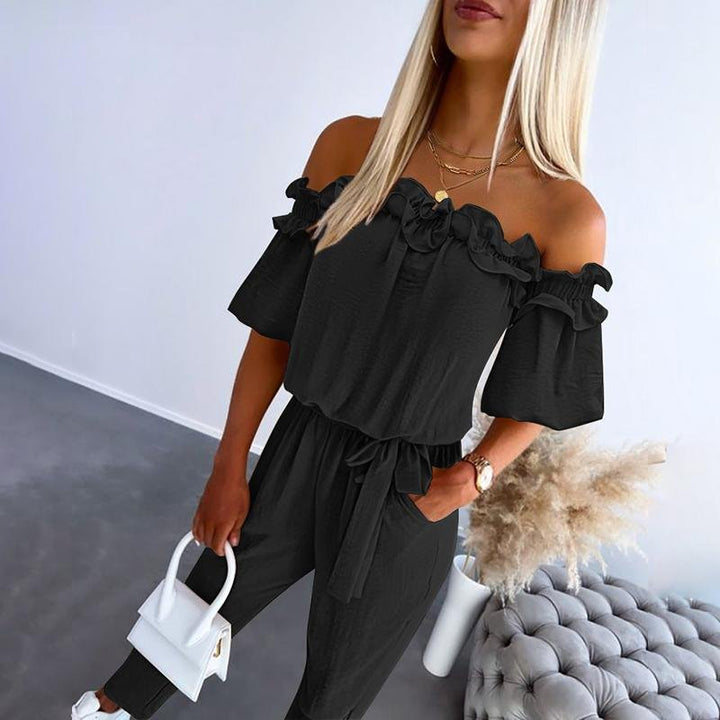 Damen Off-Shoulder Rüschen Bindegürtel Jumpsuit - Black