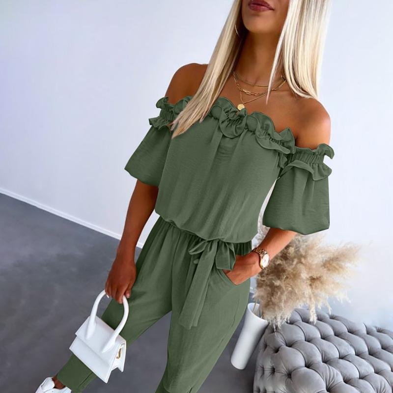 Damen Off-Shoulder Rüschen Bindegürtel Jumpsuit - Army Green
