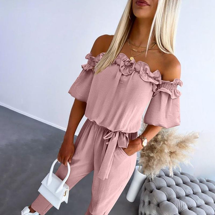 Damen Off-Shoulder Rüschen Bindegürtel Jumpsuit - Pink