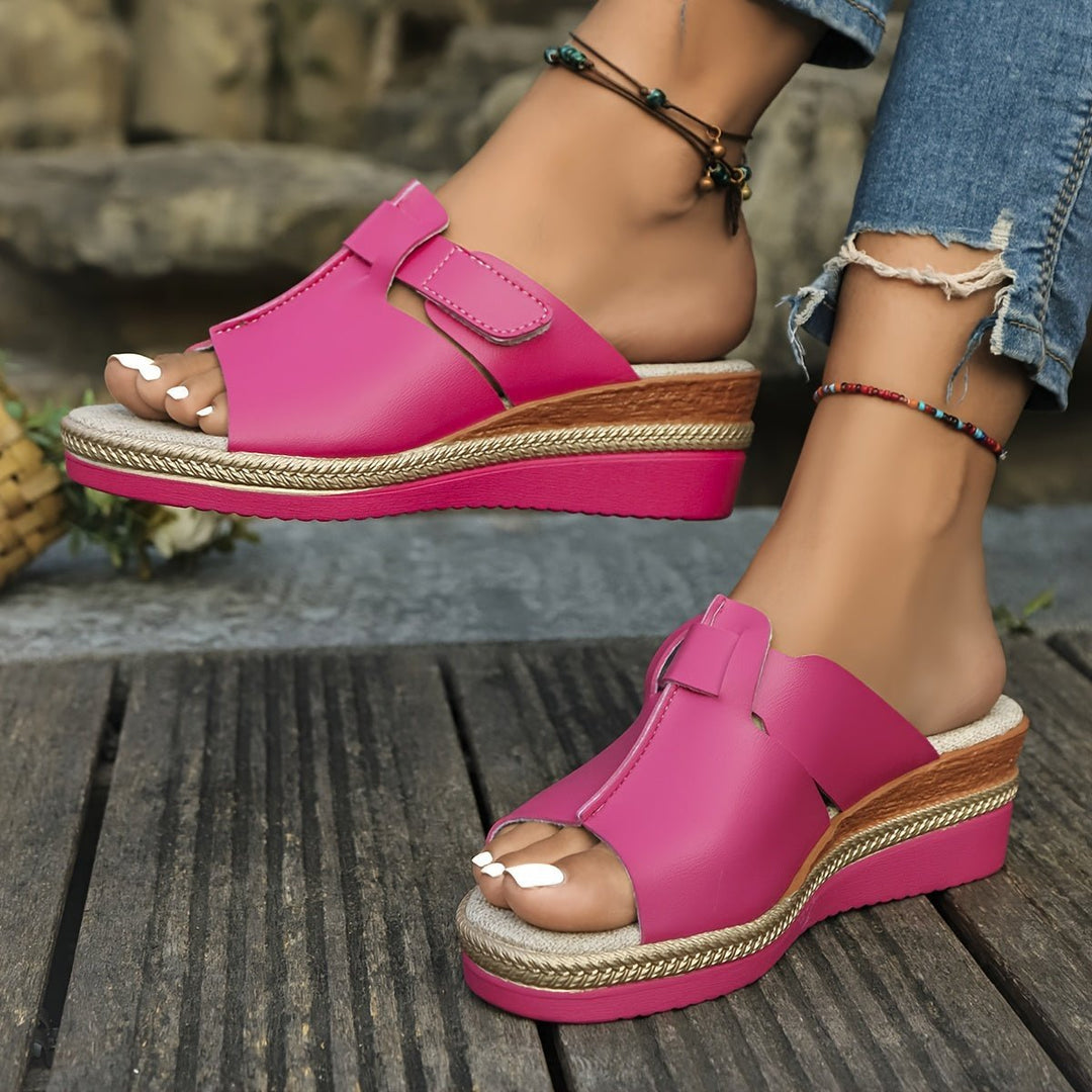 Damen Offene Keilabsatz-Sandaletten Bequeme Sandalen Klettverschluss - Magenta