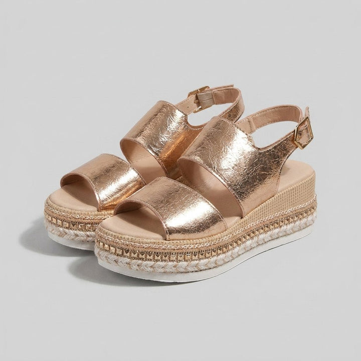 Damen Offene Metallic-Plateau-Sandalen mit Knöchelriemen - GOLD