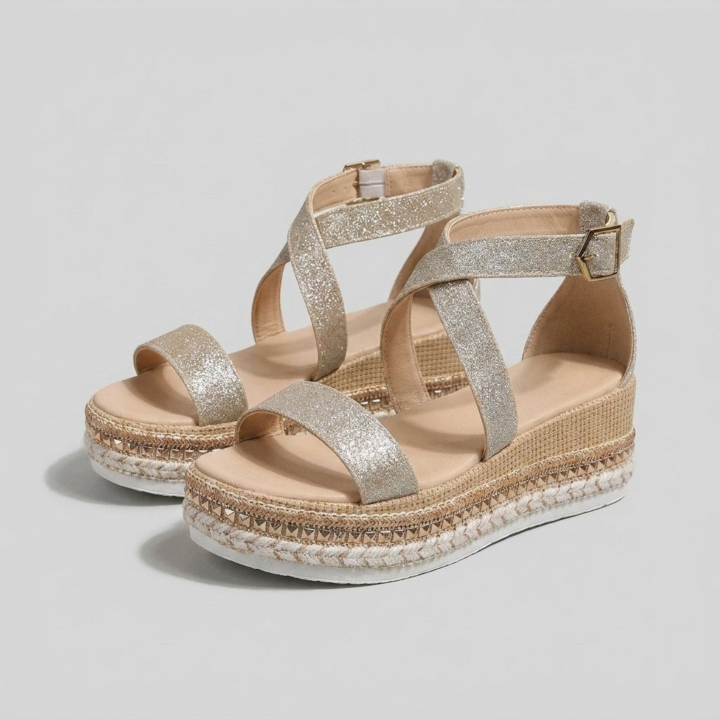 Damen Offene Metallic-Plateau-Sandalen mit Knöchelriemen - Silver