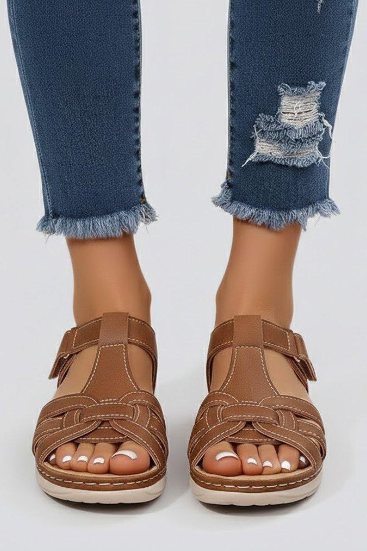 Damen Offene Riemchensandalen mit Klettverschluss Geflochtenem Vorderriemen - Brown