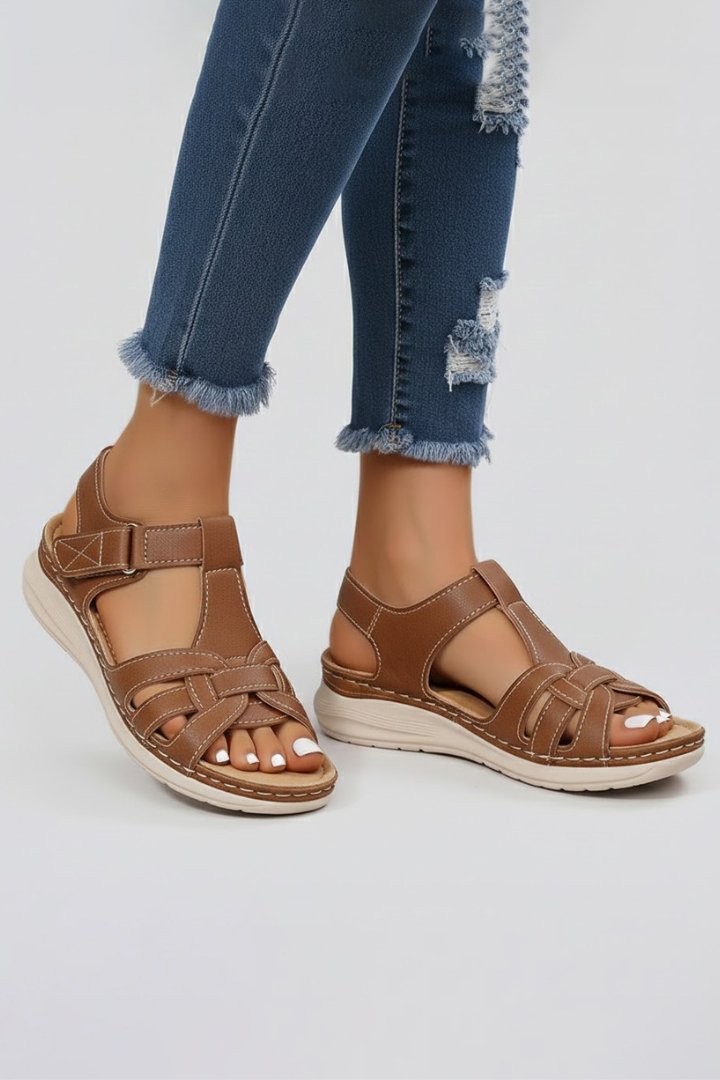Damen Offene Riemchensandalen mit Klettverschluss Geflochtenem Vorderriemen