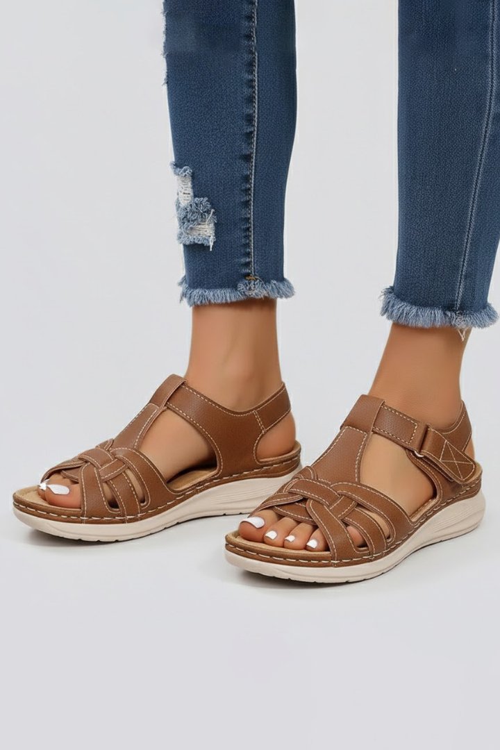 Damen Offene Riemchensandalen mit Klettverschluss Geflochtenem Vorderriemen