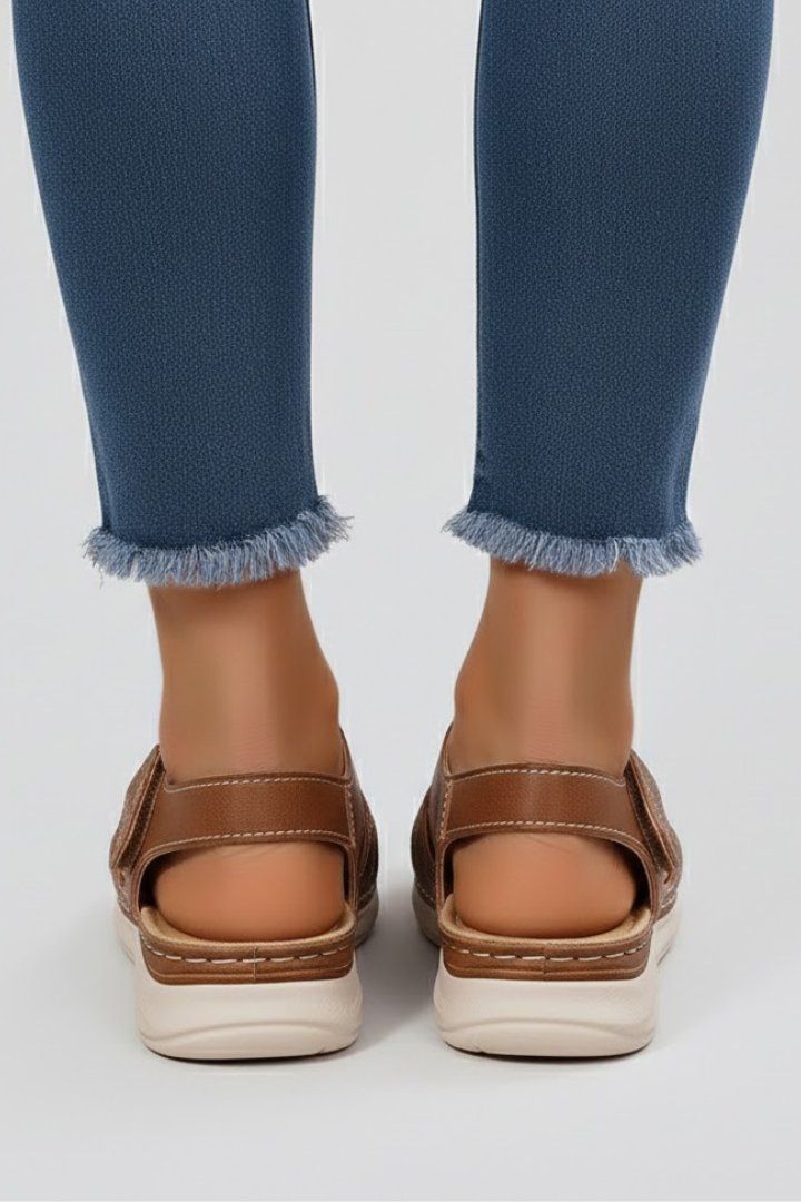 Damen Offene Riemchensandalen mit Klettverschluss Geflochtenem Vorderriemen