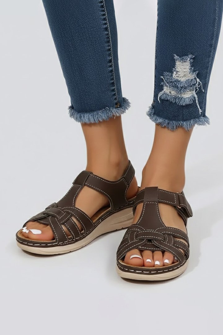 Damen Offene Riemchensandalen mit Klettverschluss Geflochtenem Vorderriemen - Dark Brown